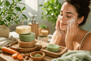 femme qui se lave le visage au savon solide