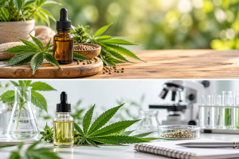 Huile de CBD avec feuilles de chanvre