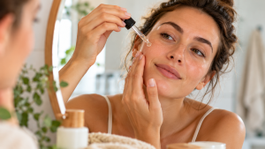 Routine beauté naturelle avec sérum bio, crème hydratante et soins du visage aux ingrédients naturels.
